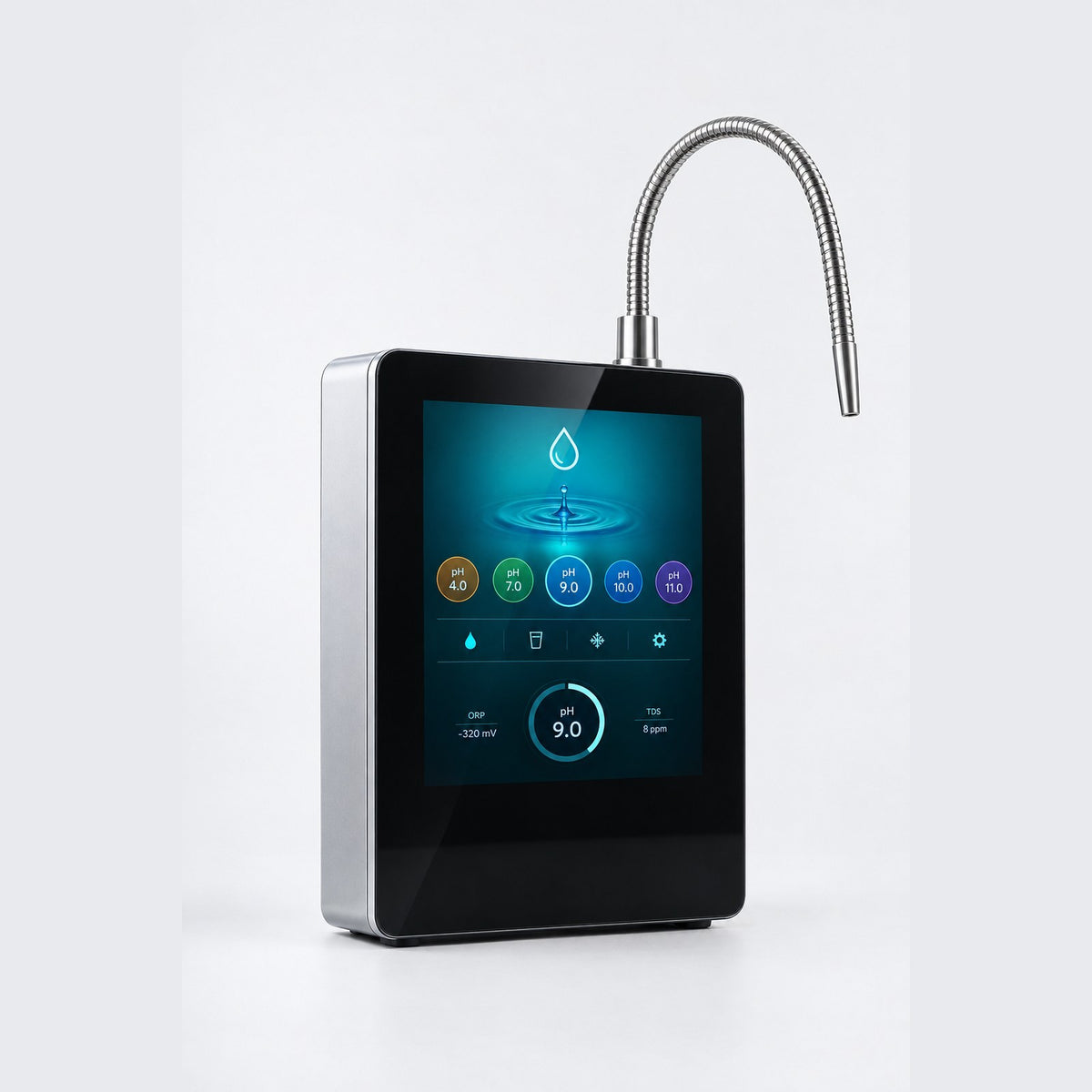 Elite 11 flagship countertop water ionizer with black glass touchscreen front panel