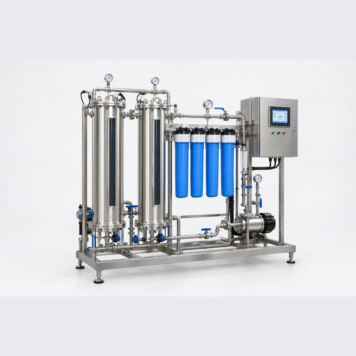 Industrial Dual-Cell Water Ionization System on stainless skid with filter bank and control panel