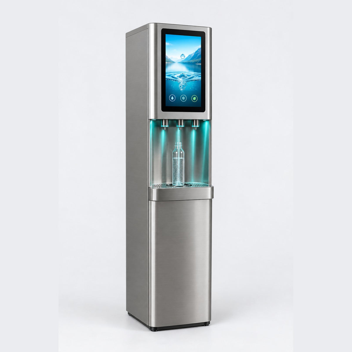 Commercial Alkaline Water Dispensing Station stainless tower with touchscreen and bottle-fill bay