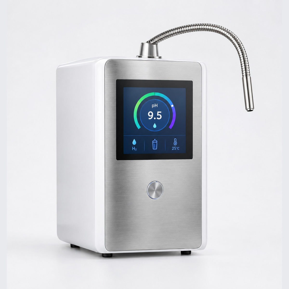 Pro 9 countertop hydrogen water ionizer with brushed steel panel and color touchscreen